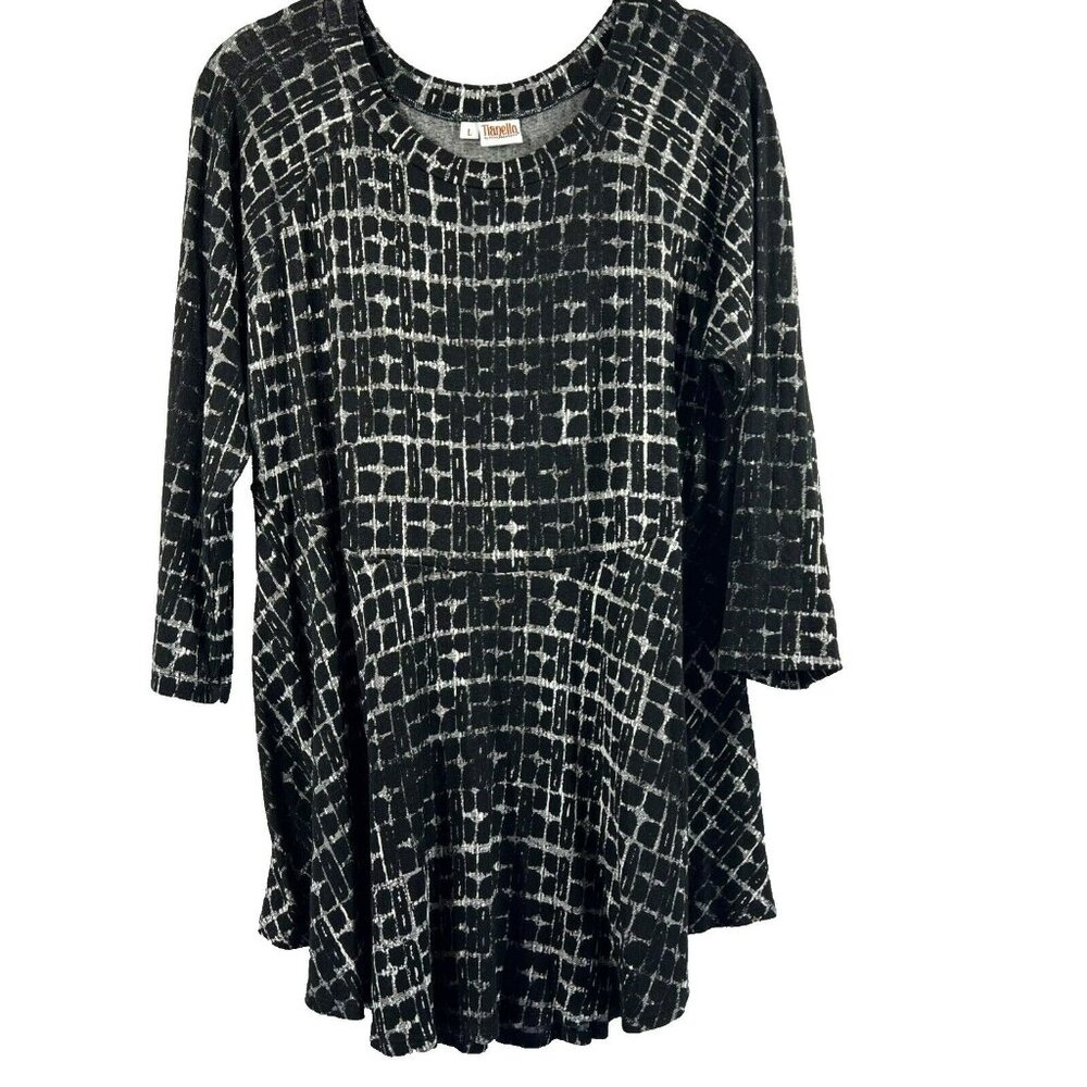 Tianello Women's Top Blouse Size Large Black White Stretch‎ 3/4 Sleeve A Line